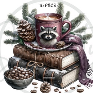 Paquete de imágenes prediseñadas de bosque de café y libros PNG, imágenes prediseñadas de animales navideños de acuarela, PNG de amante de los libros de café, imágenes prediseñadas de ratón de biblioteca, descarga digital