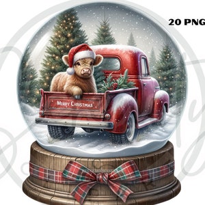 クリスマス ハイランド カウ スノー グローブ クリップアート バンドル、かわいい牛の動物 PNG、水彩画 クリスマス フェスティバル ウィンター ホリデー トラック、即時ダウンロード