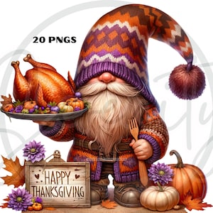 Thanksgiving Gnome Fall Clipart PNG Bundle, Autumn Watercolor Gnomes Clip Art, Cute Pumpkin Holiday Festive Sublimation, Digital Download
