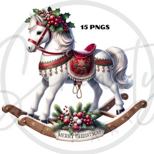 Clipart de cavalo de balanço de Natal, cavalo de brinquedo vintage PNG, aquarela feriado festivo inverno natal clip art, download digital, uso comercial