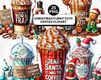 Christmas Coffee Clipart: Funny Holiday PNG Bundle, Iced Gingerbread Coffee Drink (Digital Download)