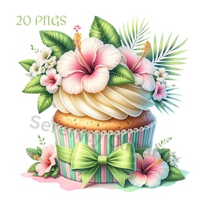 Colección de imágenes prediseñadas de cupcakes tropicales, 20 PNG, imágenes prediseñadas para hornear, imágenes prediseñadas de postre, PNG de acuarela floral, descarga digital, uso comercial,