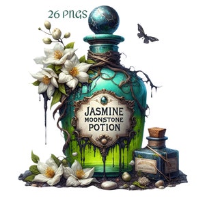 Botella de poción de Halloween, botella de poción espeluznante de bruja de acuarela, botella mágica oscura gótica, descarga instantánea de 26 PNG, uso comercial