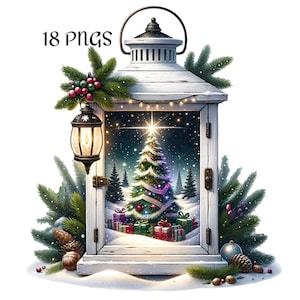Weihnachten Laterne Clipart, Winter Weihnachtsbaum Szene, 18 Urlaub PNG, Weihnachtsmann Rentier, Schneemann PNG, Sofort Download, kommerzielle Nutzung