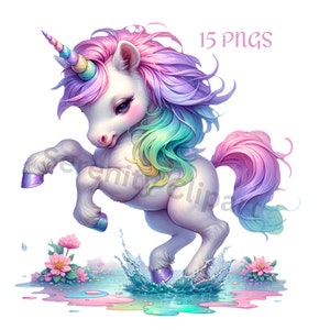 Aquarelle bébé licorne Bundle Clipart, 15 PNG licorne pastel, clipart pastel licorne mignonne, licorne magique, téléchargement numérique, usage Commercial