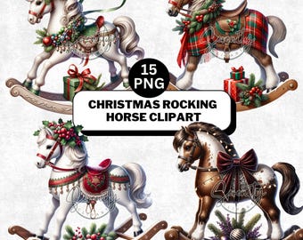 Christmas Rocking Horse Clipart, Vintage Toy Horse PNG, Watercolor Holiday Festive Winter Xmas Clip Art, Digital Download, Commercial Use