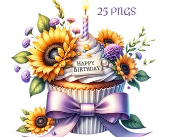 Watercolor Birthday Cupcake Clipart: Flower PNG Set (25 PNG) (Digital Download)