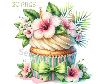 Könnte beinhalten: Aquarell-Illustration eines Cupcakes, verziert mit weißem Zuckerguss, rosa Hibiskusblüten und grünen Blättern. Die Cupcake-Form ist rosa und grün gestreift, mit einer grünen Schleife gebunden. Der Text "20 PNGs" steht oben.