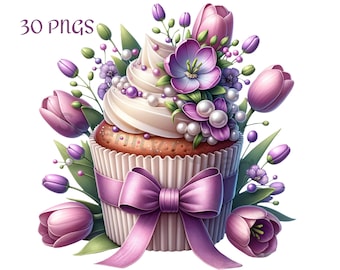 Aquarell Frühlingsblumen Cupcake Clipart: 30 PNGs (Digital Download)