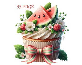 Watercolor Fruit Cupcake Clipart: Berry Cake Pops, 35 PNGs (Digital Download)