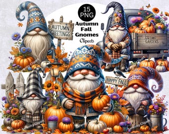 Autumn Gnomes Clipart , Fall Gnome Clipart, Pumpkin Clipart, Watercolor Cute Gnome PNG, Thanksgiving Clipart, Hello Fall, Digital Download