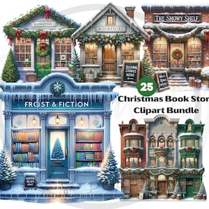 Bundle de cliparts PNG Noël librairie, aquarelle hiver cosy, librairies des fêtes de fin d'année, éléments imprimables du journal indésirable, téléchargement numérique
