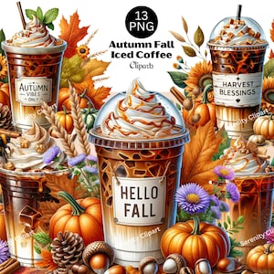 Clipart de café de outono, gráficos de café gelado de outono, temporada de colheita fofa, tempero de abóbora, girassóis PNG, download digital, uso comercial