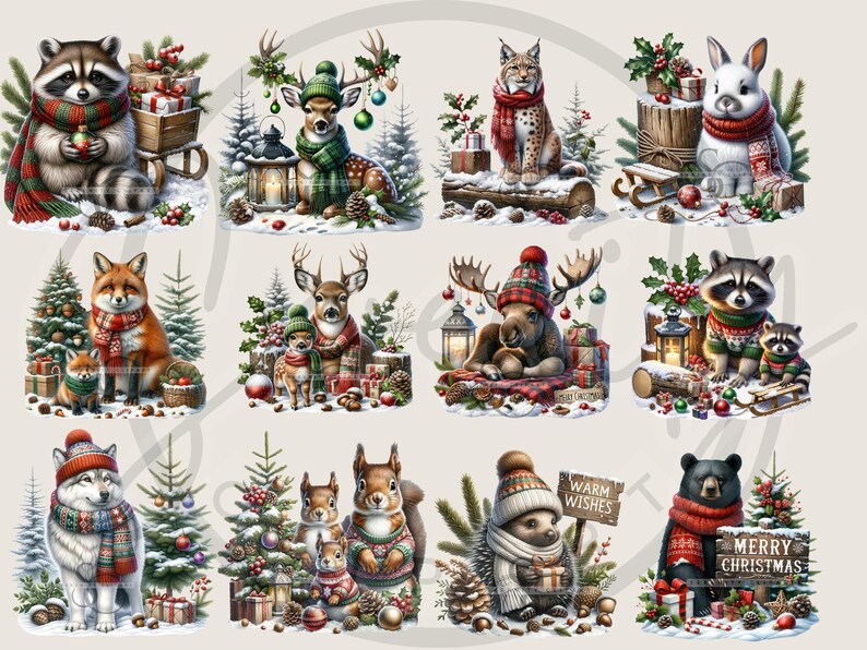 cute woodland png, woodland animals, winter Clipart, bear fox deer, bunny clipart, woodland nursery, christmas clipart, christmas animals, junk journal, baby animal clipart, cute forest animals, watercolor animal, woodland christmas, Digital Download