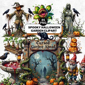Haunted Halloween Garden Clipart, Spooky Plants Monster Flytrap PNG Bundle, Creepy Greenhouse, Digital Download