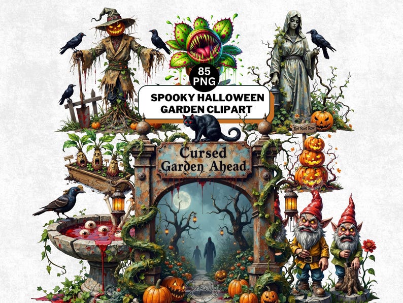 Haunted Halloween Garden Clipart, Spooky Plants Monster Flytrap PNG ...