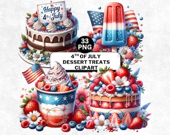 Clipart de acuarela del 4 de julio: postres patrióticos, helados y cupcakes (descarga digital)