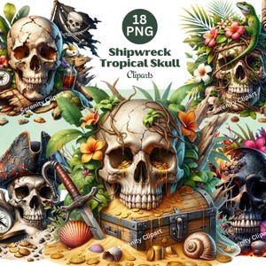 Clipart de caveira de naufrágio, Clipart de caveira de pirata, Caveira de ilha tropical PNG, Clipart de caveira de selva, Baú de tesouro de pirata PNG, Download digital