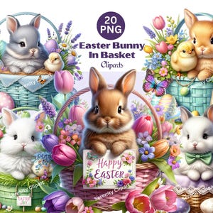 Osterhase Korb Clipart-Set, Aquarell Osterhase PNG, Ostereier Frühling Clipart, Kaninchen-Küken PNG, digitaler Download, kommerzielle Nutzung