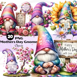 Muttertag Gnome Clipart Bundle, Frühling Gnome PNG Aquarell Clipart, Muttertag Liebe Clip Art, sofortiger digitaler Download, kommerzielle Nutzung