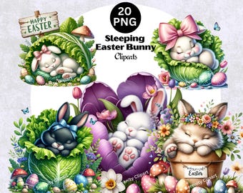 Sleeping Easter Bunny Clipart: Watercolor PNG Bundle (Digital Download)