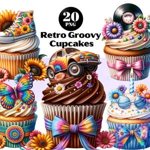 Paquete de imágenes prediseñadas de cupcakes retro, cupcakes de acuarela con estilo PNG, lindas imágenes prediseñadas de panadería, dulces horneados, descarga digital, uso comercial