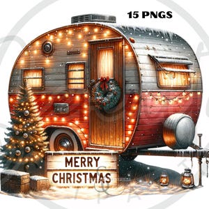 Paquete de imágenes prediseñadas de mini caravana navideña, clip art navideño en acuarela PNG, viajes de campamento en vacaciones, imágenes prediseñadas digitales, uso comercial