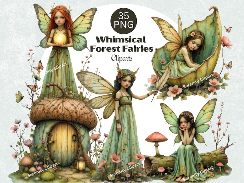 May include: Twenty-five illustrations of fairies in a variety of poses and settings. The fairies are depicted with green wings, green dresses, and brown hair. The settings include a treehouse, a mushroom, a flower, a lantern, and a leaf. The illustrations are in a whimsical style and are suitable for children's books, greeting cards, or other decorative purposes.