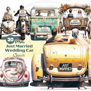 Just Married Car clipartbundel, aquarel trouwdag boot, sleevoertuig, bruid en bruidegom Clip Art PNG, digitale download, commercieel gebruik
