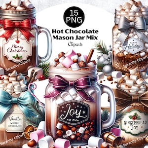 Peut inclure: Cinq bocaux en verre remplis d'ingrédients pour chocolat chaud, dont des guimauves, des pépites de chocolat et des vermicelles. Chaque bocal est décoré d'un ruban festif et d'une étiquette avec un message de fête. Les bocaux sont disposés sur un fond blanc avec des décorations festives.