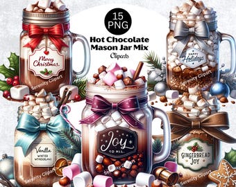 Chocolate caliente navideño: bebida navideña en frasco de vidrio PNG (descarga digital)