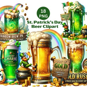 Ensemble de cliparts bière Saint Patrick, aquarelle alcool chopes PNG, Happy St. Patricks Day, pot d'or arc-en-ciel de lutin, téléchargement numérique,