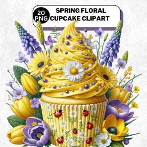 May include: A digital illustration of a cupcake with yellow frosting, decorated with pearls and flowers. The cupcake is surrounded by yellow tulips, purple hyacinths, and other spring flowers. The image includes the text "20 Spring Floral PNG Cupcake Clipart".
