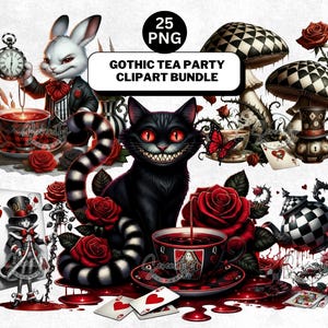 Gothic Tea Party Clipart: Dark Wonderland White Rabbit Clock Teacups (Digital Download)