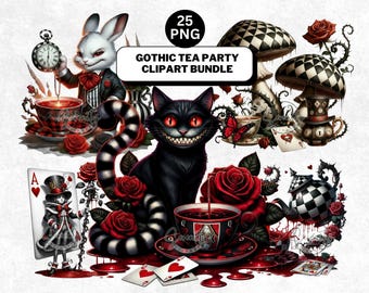 Gothic Tea Party Clipart: Dark Wonderland White Rabbit Clock Teacups (Digital Download)