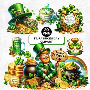 Aquarel St. Patrick's Day-clipart: klaver, kabouter (digitale download)