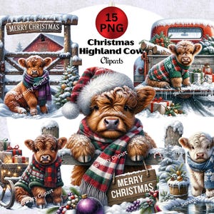 Christmas Highland Cow Clipart, Winter Snow Wonderland Cows PNG, Festive Holiday Farm Animals, Rustic Buffalo Plaid, Cozy Country Christmas