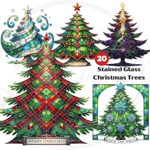 Stained Glass Christmas Tree Clipart, Christmas Stained Glass PNG, Holiday Festive Trees Clip Art Graphics, Digital Download, Commercial Use