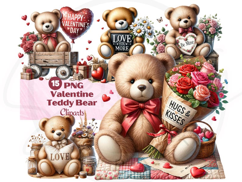 Teddy Bear Clipart Bundle, Valentine Watercolor Boho Teddy Bear PNG ...