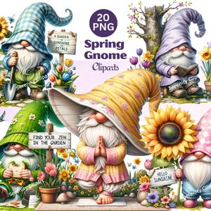 Gnomo de primavera Clipart, Lindo gnomo de jardín Clipart, Gnomo de acuarela Clipart, Girasol floral Clipart, Gnomo de primavera Png, Descarga instantánea