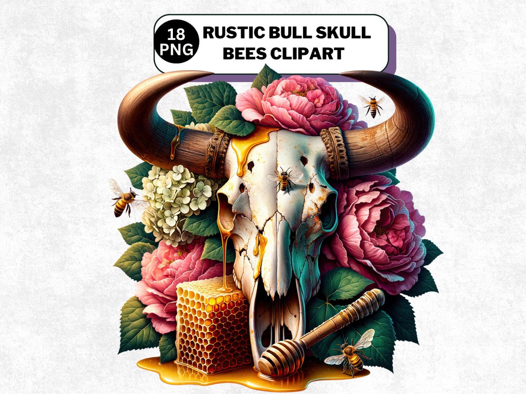 Bee Riding Bull Floral Bull Skull Clipart Bundle, Western Boho Bee PNG (digital ...