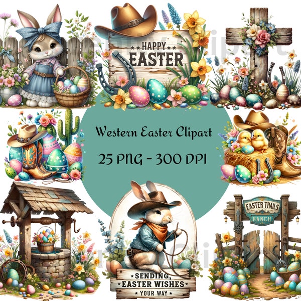 Watercolor Western Easter Bunny Clipart, 25 PNG Western Clipart, Easter Bunny Clipart, Spring PNG, Scrapbooking, Sublimation, Commercial Use