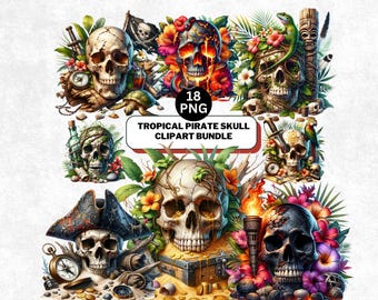 Tropical Pirate Skull Clipart, Shipwreck Flowers & Island PNG, Digital Download