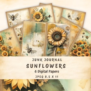 Sunflower Junk Journal Printable Pages, Junk Journal Kit, Scrapbook Supplies, Vintage Yellow Floral, Digital Collage Sheet, Instant Download
