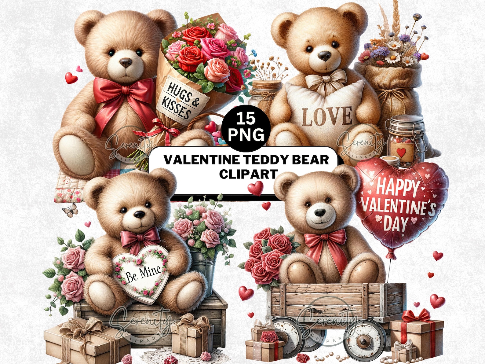 Teddy Bear Clipart Bundle, Valentine Watercolor Boho Teddy Bear PNG ...