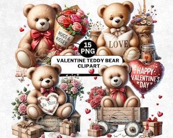 Teddy Bear Clipart Bundle, Valentine Watercolor Boho Teddy Bear PNG Heart Clip Art, Happy Valentine's Day, Digital Download, Commercial Use