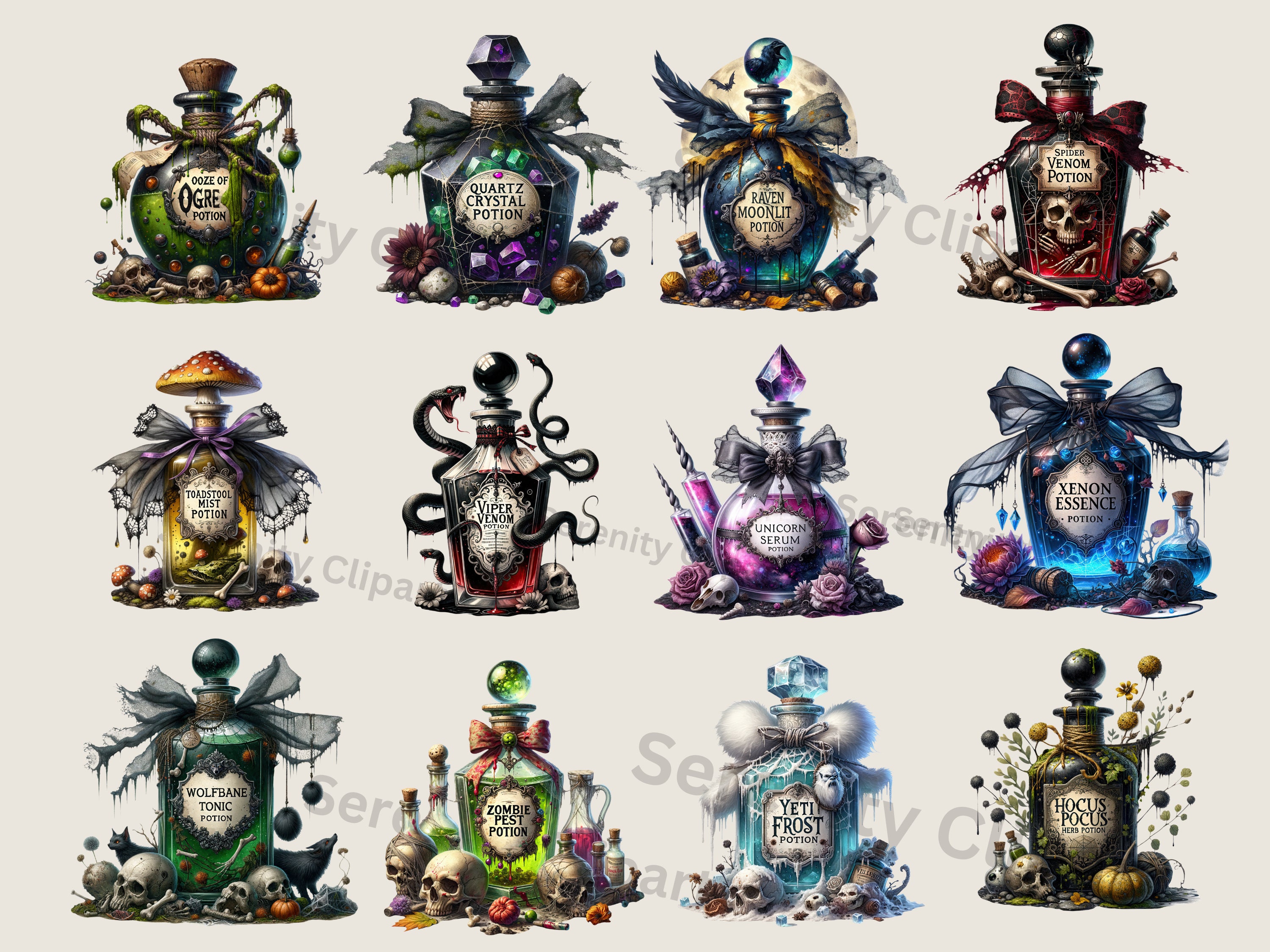 Spooky Halloween Potion Bottle Clipart: Gothic Witch Labels (digital ...