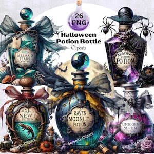 Gruselige Halloween Trank Flasche Clipart: Gothic Hexe Etiketten (Digitaler Download)