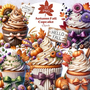 Autumn Cupcake Clipart, Fall Watercolor Dessert PNG, Thanksgiving Sweets, Halloween Treats, Party Decor, Autumn Cupcake, Digital Download