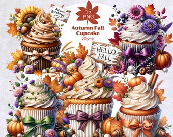 Autumn Cupcake Clipart, Fall Watercolor Dessert PNG, Thanksgiving Sweets, Halloween Treats, Party Decor, Autumn Cupcake, Digital Download